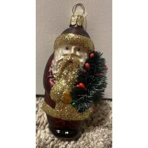 Vintage Glass Santa And Tree Christmas Ornament Czech Republic Gold Glitter